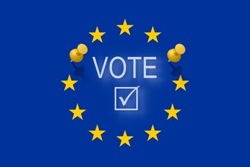 Vector design Vote european elections 2024 graphic. Text with the 12 golden stars circle on a blue...