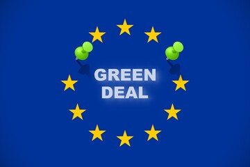 Flag of European union with the words Green deal - environmental and ecological policy of climate...