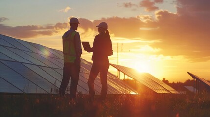 Fototapeta premium Two solar engineers in the lights after sunset