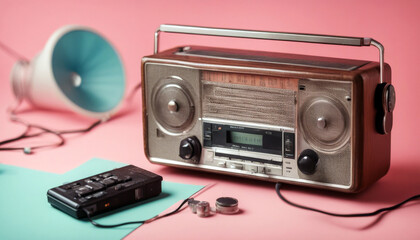 Fototapeta premium top lay colour player flat view technology retro background vintage radio cassette recorder colours old tape music audio style