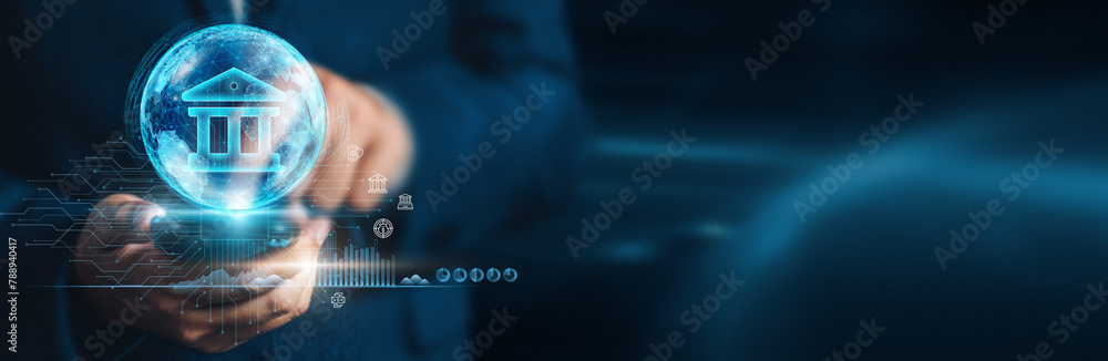 Poster businessman using mobile smartphone on global network connection for banking and financial transacti