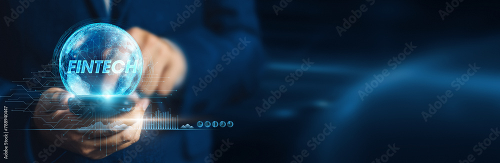 Poster businessman using mobile smartphone on global network connection for fintech transactions and invest