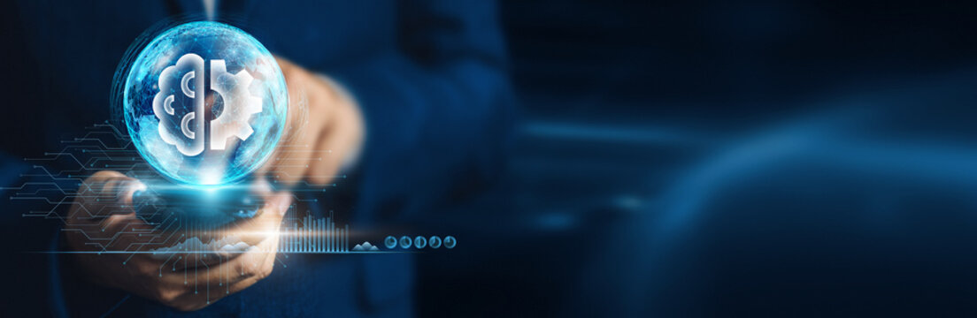 Businessman using mobile smartphone on global network connection for data analysis and visualization with advanced data science tools and development of cutting-edge technology and predictive models. - Powered by Adobe