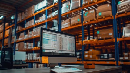 Innovative computerized warehouse management software for real-time parcel delivery monitoring. computer screen