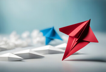 paper red white follow Leadership background lead success leading teamwork aeroplane forward origami plane direction vision business leader concept competition blue winner manager group team uniqu - obrazy, fototapety, plakaty