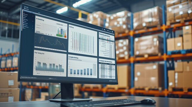 Innovative computerized warehouse management software for real-time parcel delivery monitoring. computer screen