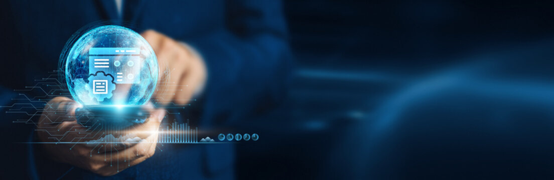 Businessman using mobile smartphone on global network connections for content management systems (CMS) and e-commerce solutions with efficient data storage and the development of innovative