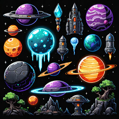 Retro style planets and various items set