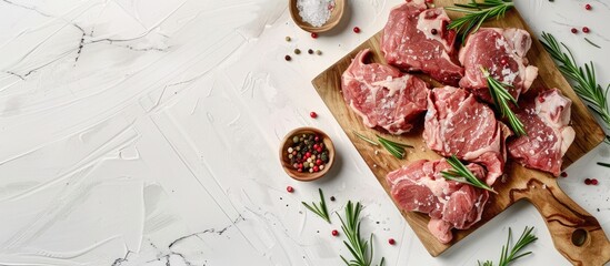 Raw fresh pork pieces seasoned with rosemary on a cutting board against a light background, suitable for recipes and cooking. Top view with blank space for text.