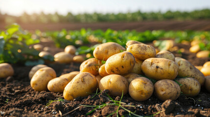 pile of potatoes on field background