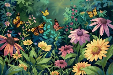 Flowers bloom and bees and butterflies fly among the trees.
