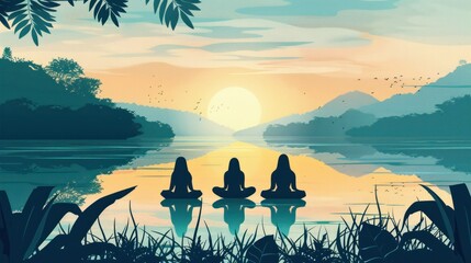 Illustrate a tranquil scene where fat women meditate by a serene lake