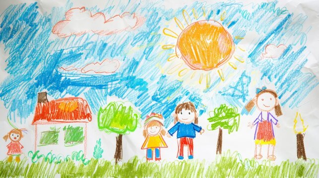 A child drawing of a happy family contrasted with a scene of parental strife