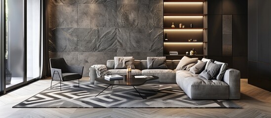 Living room in monochrome with wood and gray tile touches and a rug featuring a chevron pattern.