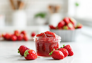 Strawberry jam. Strawberries and a jar of strawberry jam on a white table modern kitchen