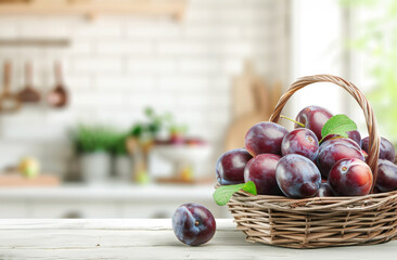  plums in basket white modern kitchen