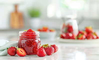 Strawberry jam. Strawberries and a jar of strawberry jam on a white table modern kitchen