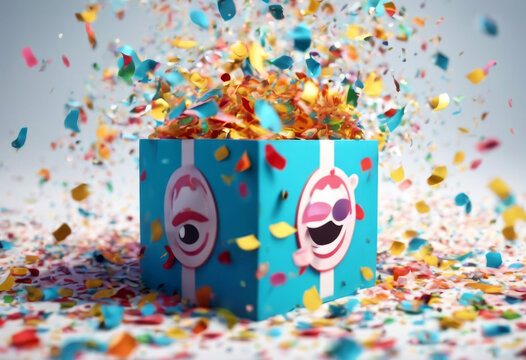 Cartoon picture  Fool's April 3d rendering confetti box  surprise Day three-dimensional face box carnival party crazy 1st show entertainment festival comedy humor cute character funny pop spring