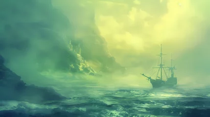  Green and yellow floating ocean and boat illustration poster background © jinzhen