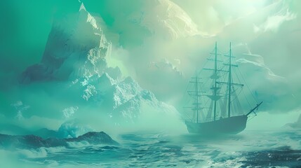 Obraz premium Green and yellow floating ocean and boat illustration poster background