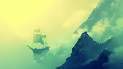 Rolgordijnen Green and yellow floating ocean and boat illustration poster background © jinzhen