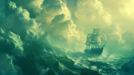 Green and yellow floating ocean and boat illustration poster background