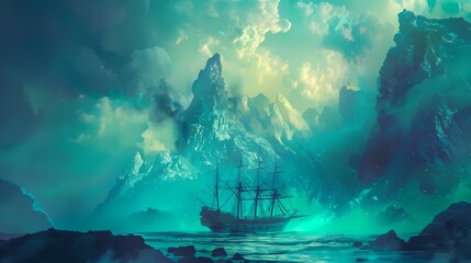 Green and yellow floating ocean and boat illustration poster background