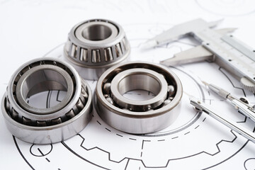 Engineering and precision tools with metal ball bering, mechanical industrial.
