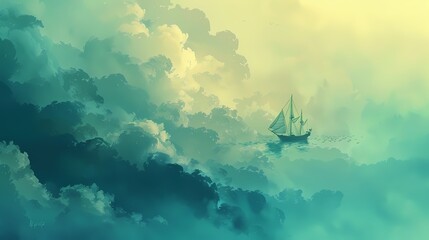 Green and yellow floating ocean and boat illustration poster background - obrazy, fototapety, plakaty