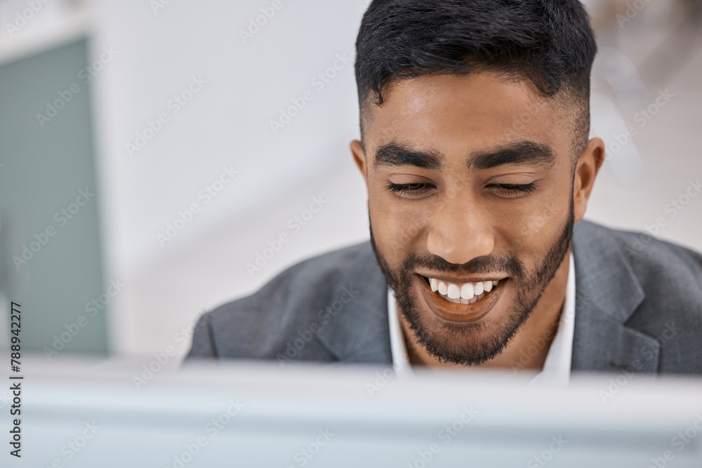 Poster business man, computer and check email in office, planning and online for software development. male