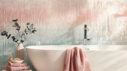 In the bathroom a beaded wallpaper in a subtle ombre effect adds a touch of elegance and luxury....