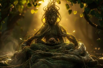 Mystical forest goddess meditating on root throne surrounded by ethereal light