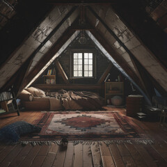 attic, interior, room, home, architecture, house, wood, window, furniture, table, chair, floor, hotel, design, wall, living, building, old, inside, indoor, bedroom, wooden, light, indoors, bed, nobody
