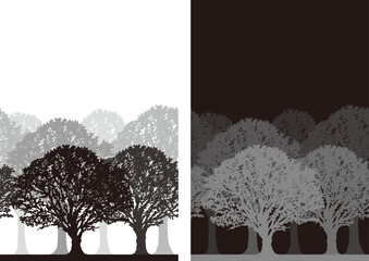 Vector Monochrome Daytime And Night Time Seamless Forest Silhouette Background Illustration Set With Text Space. Horizontally Repeatable.