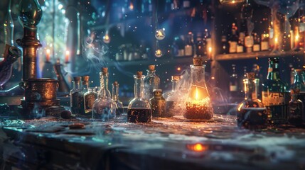 Defocused Vials filled with shimmers of magic and hazy flickering flames set the mood in the Alchemists Lab a hidden gem of a room overflowing with secrets and potions. . - obrazy, fototapety, plakaty