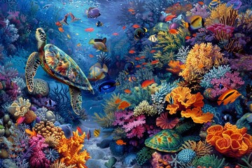 Fototapeta na wymiar A vibrant reef ecosystem with colorful corals, sea turtles, and fish