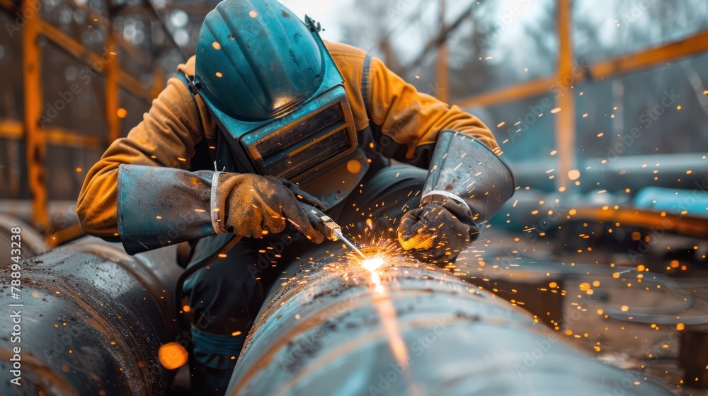 Wall mural industrial steel pipe welding by skilled welder