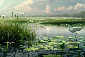 A vibrant wetland ecosystem with marsh grasses, water lilies and herons - obrazy, fototapety, plakaty