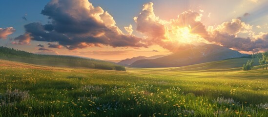 Green meadow and stunning sunset - obrazy, fototapety, plakaty