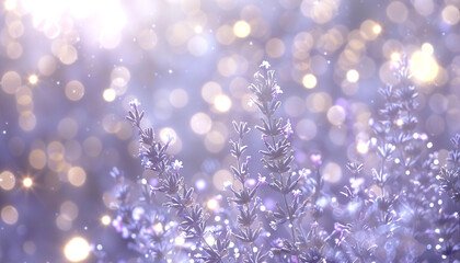 A serene lavender and silver abstract setting, where bokeh lights mimic the gentle luminescence of a quiet night sky filled with stars. The scene is peaceful and dreamy.