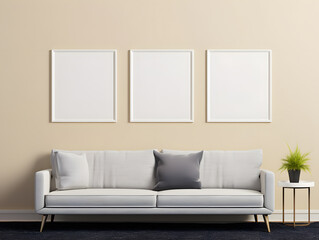 Fototapeta premium Cozy living room interior design with furniture and mockup frames for hanging decorative pictures on the wall in the room.