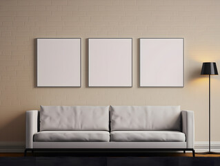 Cozy living room interior design with furniture and mockup frames for hanging decorative pictures on the wall in the room.