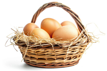 photo of eggs in basket isolated on white background