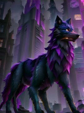 a wolf standing in front of a city at night