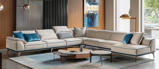 A sofa in beige and blue, along with a coffee table