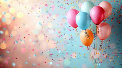 Colorful streamers and balloons adorn the scene, creating a festive atmosphere with ample free space for text or graphics - obrazy, fototapety, plakaty