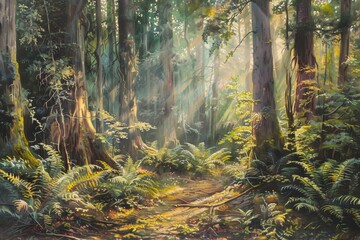 A tranquil forest scene with sunlight streaming through the trees.