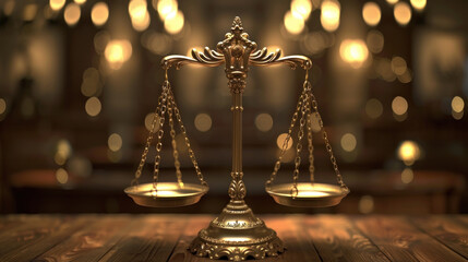 a golden scale of justice on the table against blurred background. symbolizing law and judgment