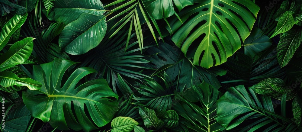 Canvas Prints Close-up view of a dark, tropical background featuring green leaves and palm trees in a flat lay orientation.