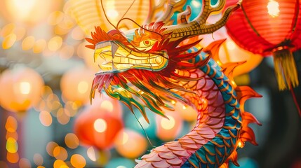 Fototapeta na wymiar a colorful chinese dragon-shaped lantern glowing effect poster background